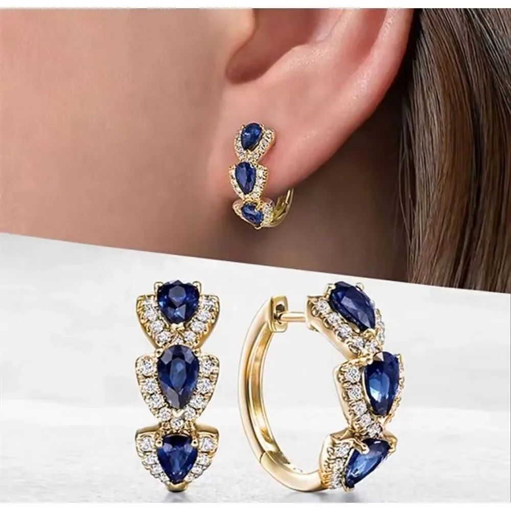 Macy’s Blue Sapphire Simulant & Diamond Simulant Gold Tone Hoop Earrings NWOT